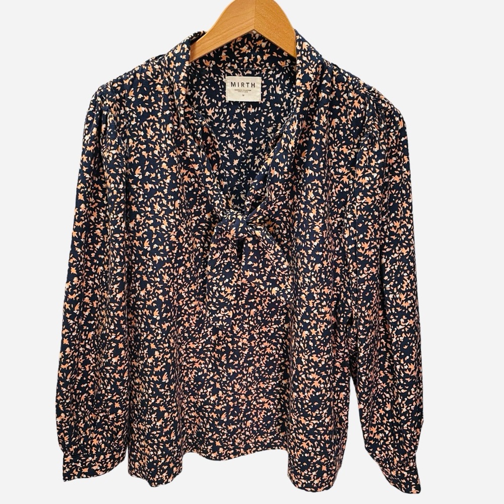Mirth Navy Floral Tie-Neck Blouse - Navy and Blush